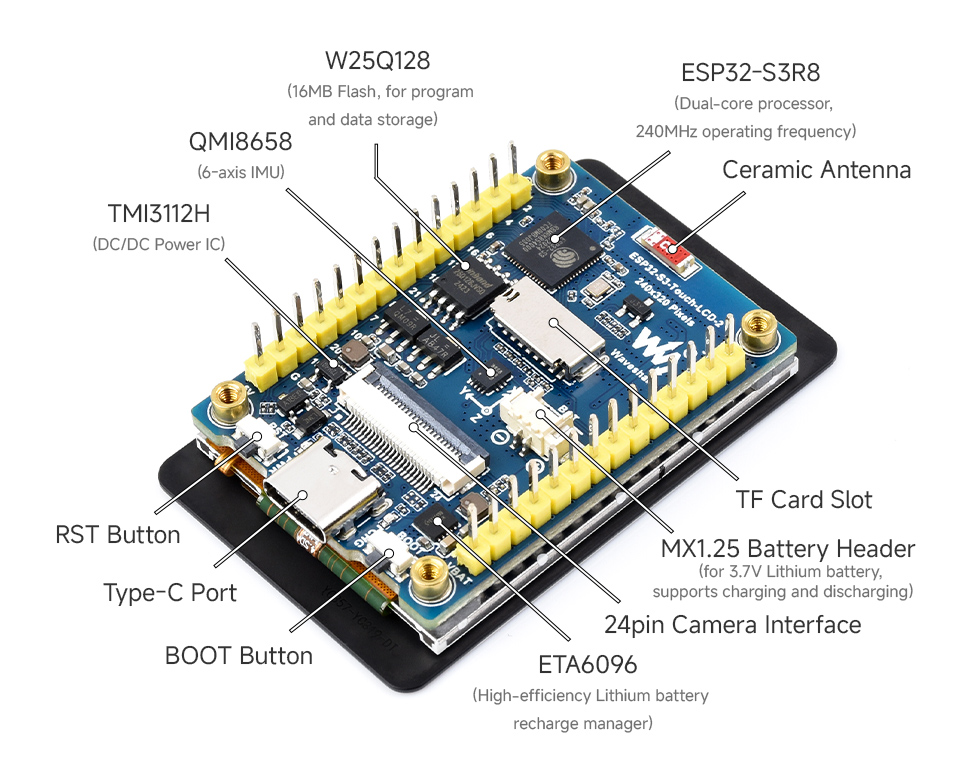 ESP32-S3 2inch touch display development board, onboard components