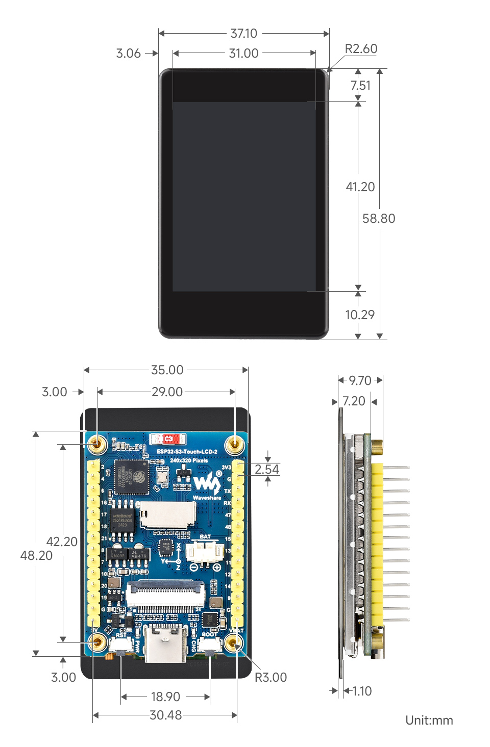 ESP32-S3 2inch touch display development board, outline dimensions