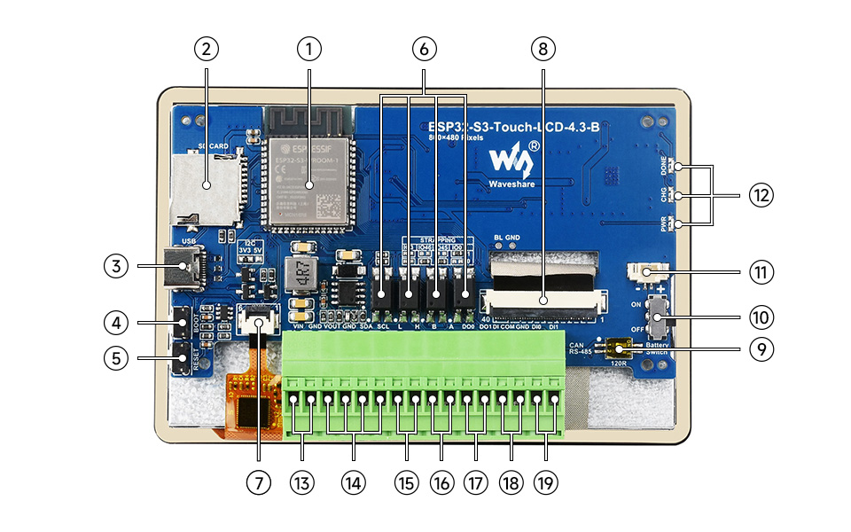 ESP32-S3 4.3inch Capacitive Touch Display Development Board (B), onboard components