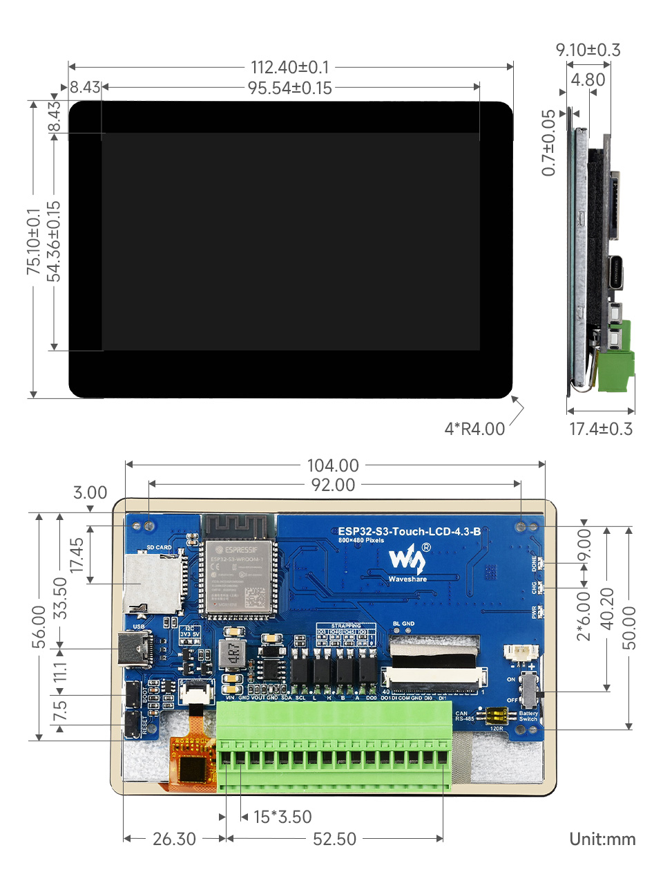 ESP32-S3 4.3inch Capacitive Touch Display Development Board (B), outline dimensions