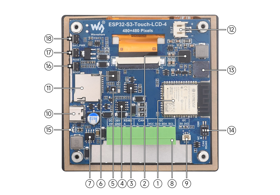 ESP32-S3 4inch Capacitive Touch Display Development Board, onboard components