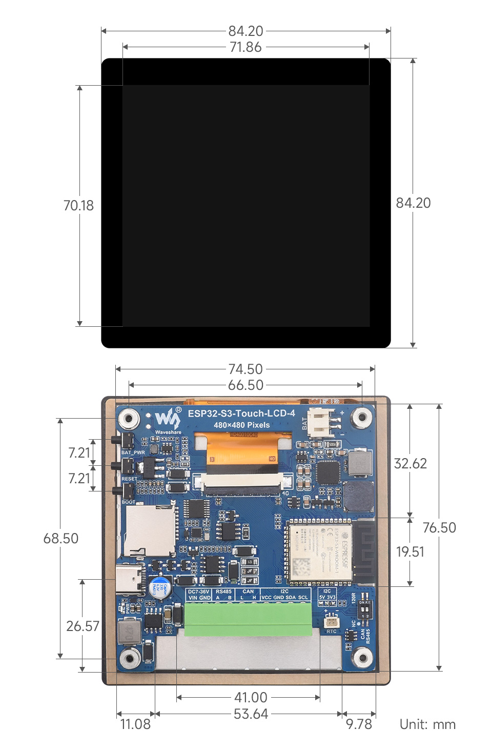 ESP32-S3 4inch Capacitive Touch Display Development Board, outline dimensions