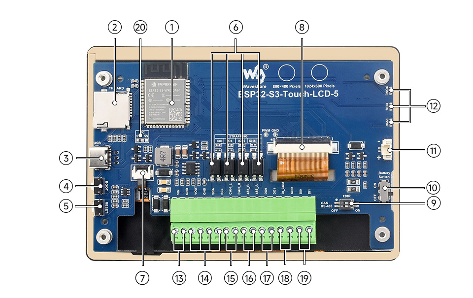 ESP32-S3 5inch Capacitive Touch Display Development Board, onboard components