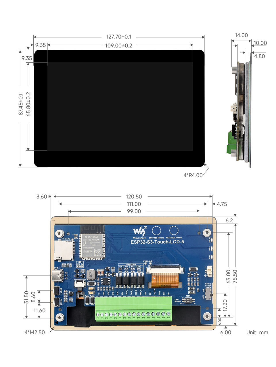 ESP32-S3 5inch Capacitive Touch Display Development Board, outline dimensions