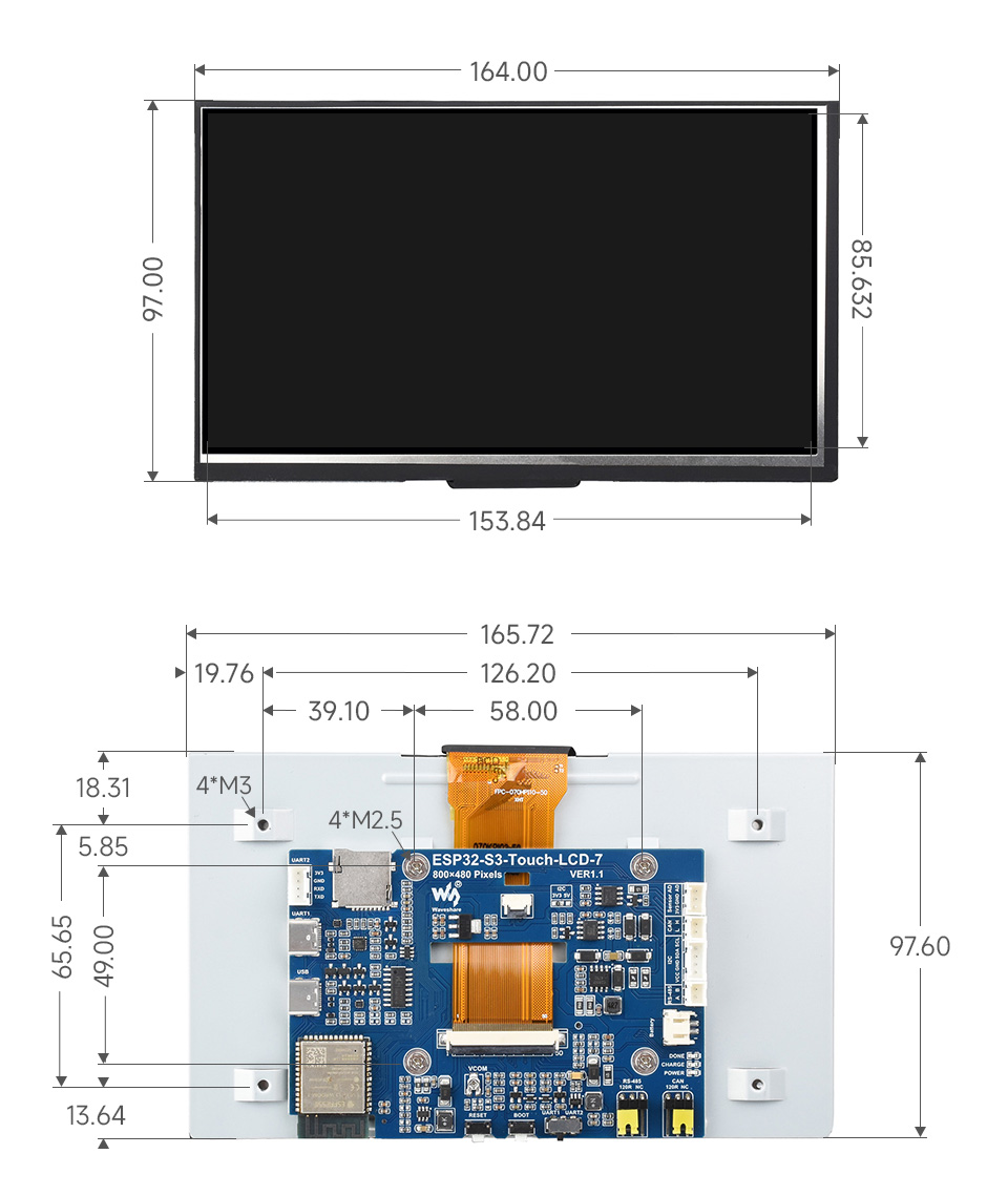 ESP32-S3-LCD-7, outline dimensions