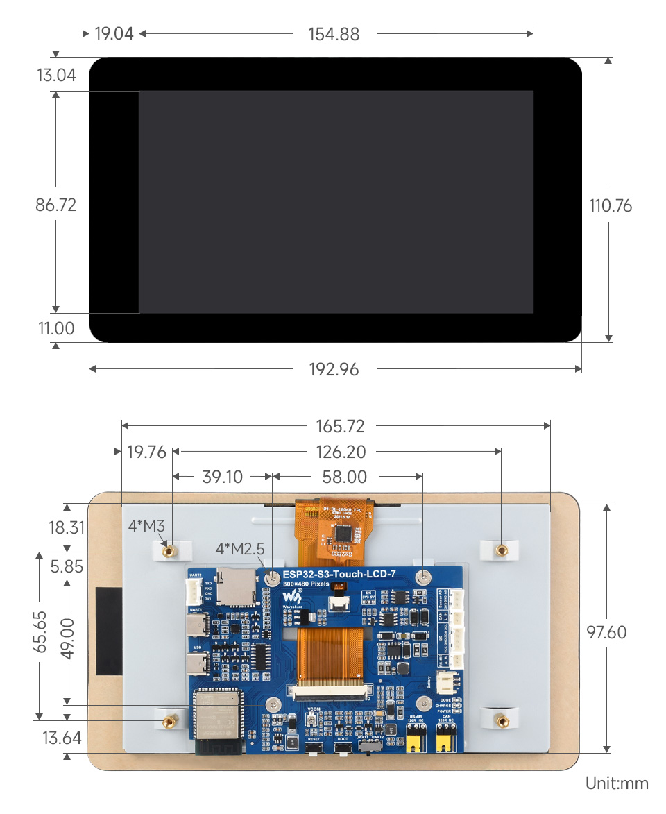 ESP32-S3-Touch-LCD-7, outline dimensions