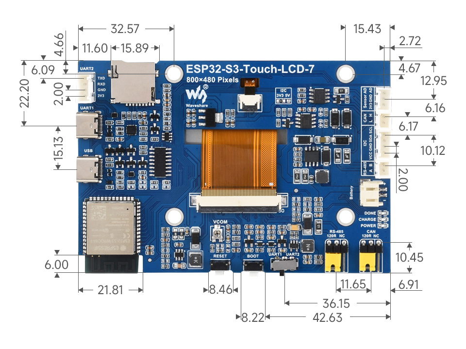 ESP32-S3 7inch touch display development board, outline dimensions