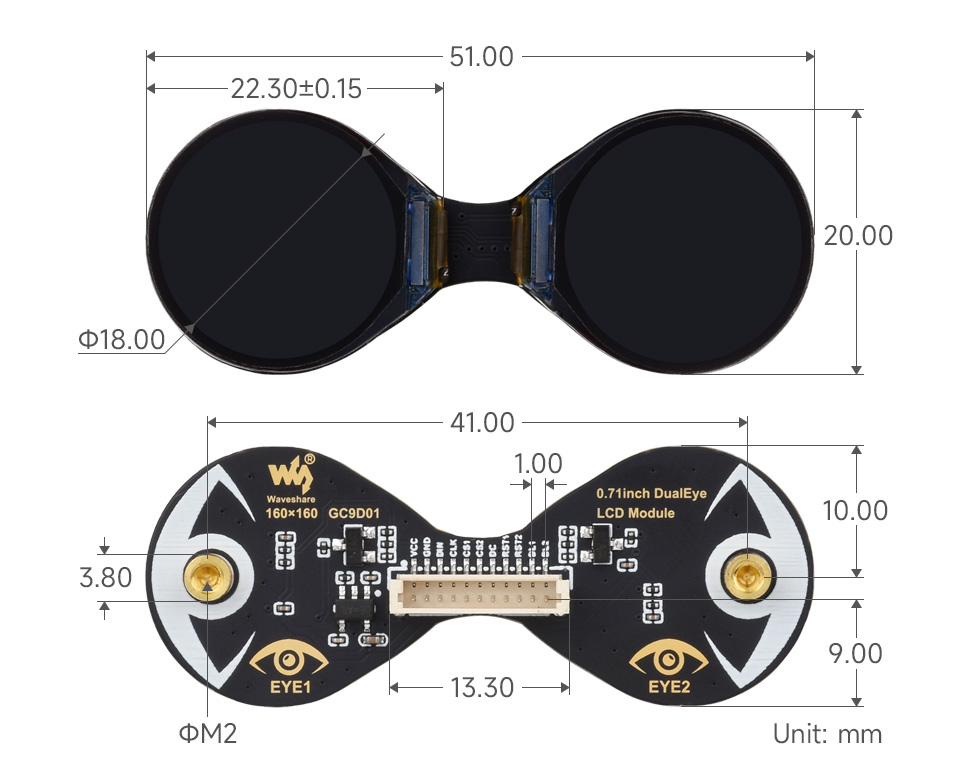 0.71inch Double Eye Round LCD Display Module, outline dimensions