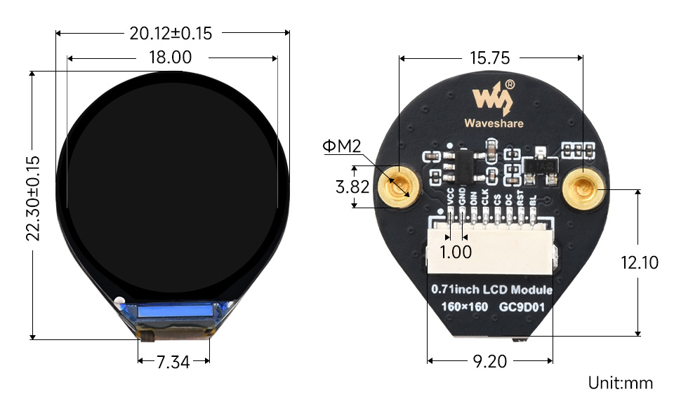 0.71inch Round LCD Display Module, outline dimensions