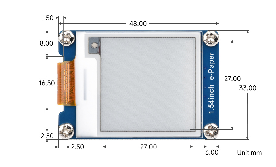 1.54inch e-Paper display (G) with driver board, outline dimensions