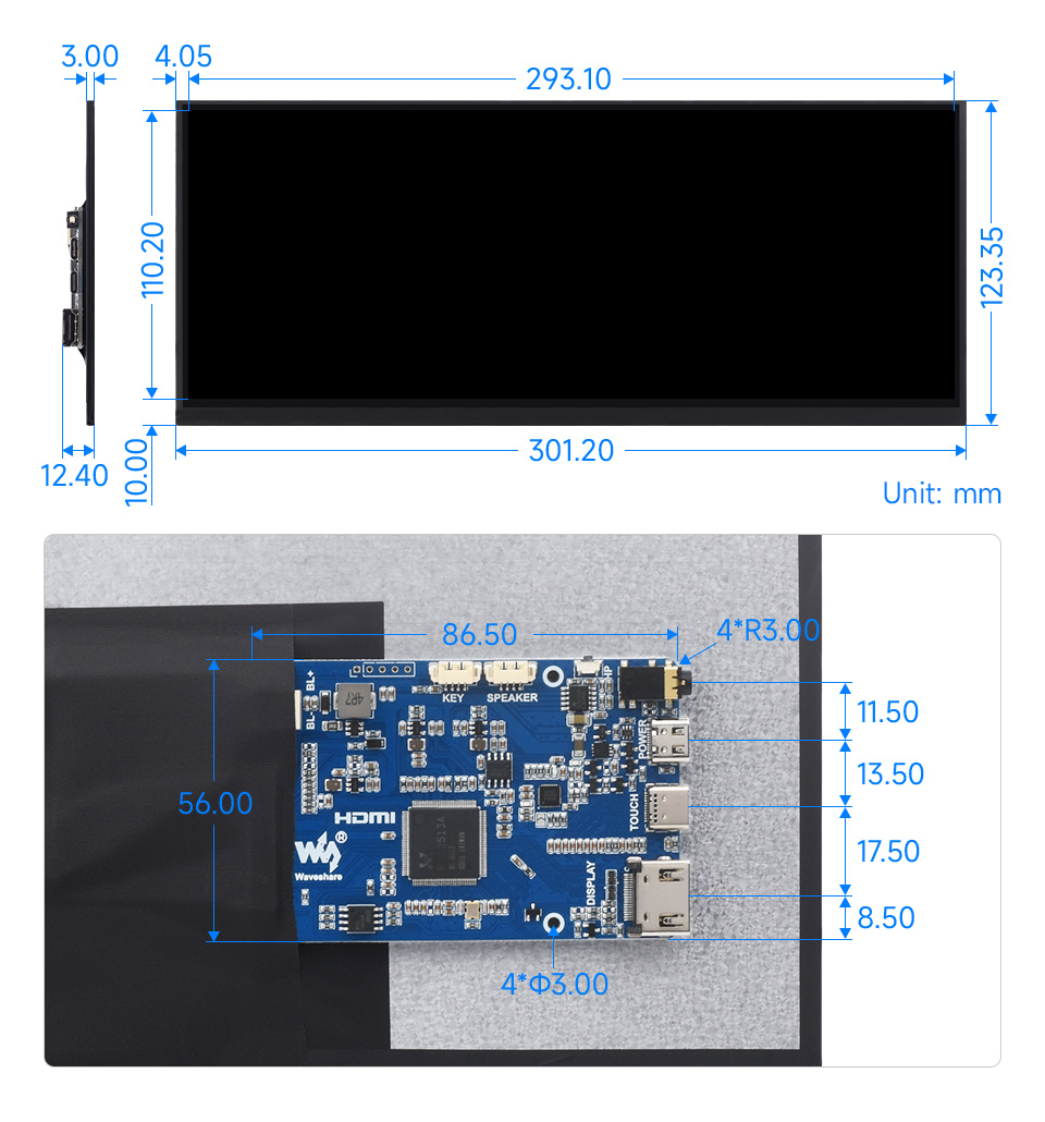 12.3inch 1920x720 LCD dimensions