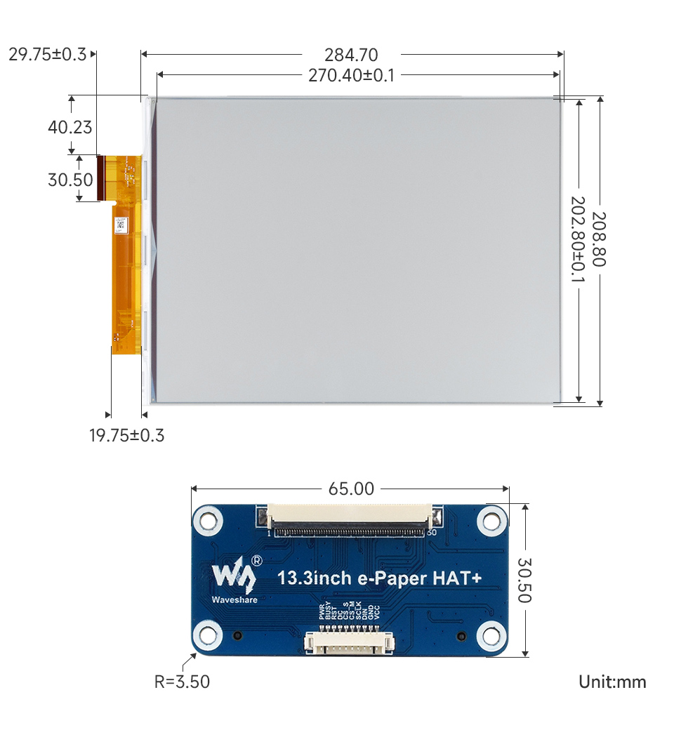 13.3inch e-Paper (E), e-Paper HAT, outline dimensions