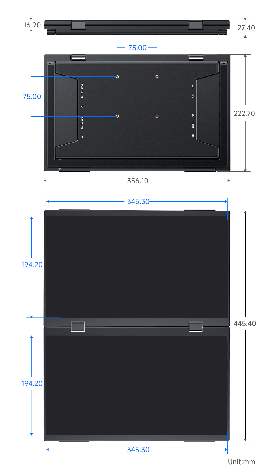 15.6inch Dual-Screen Portable Monitor outline dimensions