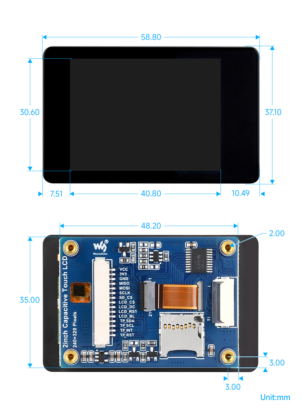 2inch Capacitive Touch LCD display, outline dimensions