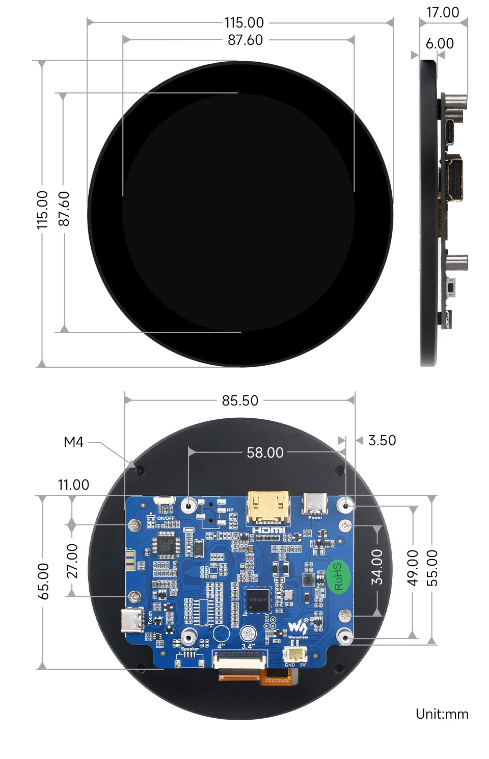 3.4inch 800x800 LCD, dimensions