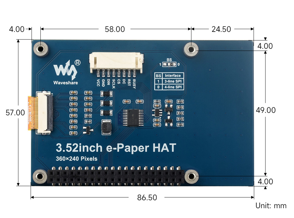 3.52inch e-Paper display (B) and driver board, outline dimensions