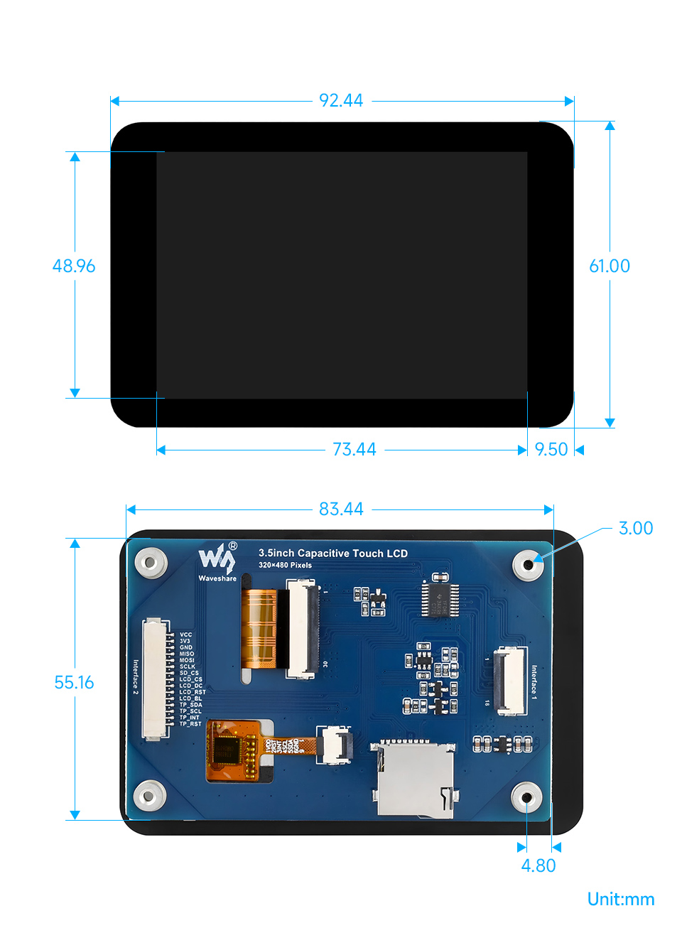 3.5inch Capacitive Touch LCD display, outline dimensions