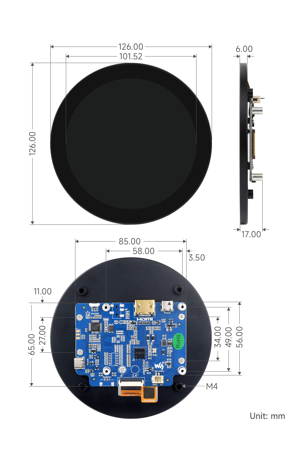 4inch 720x720 LCD Display, dimensions