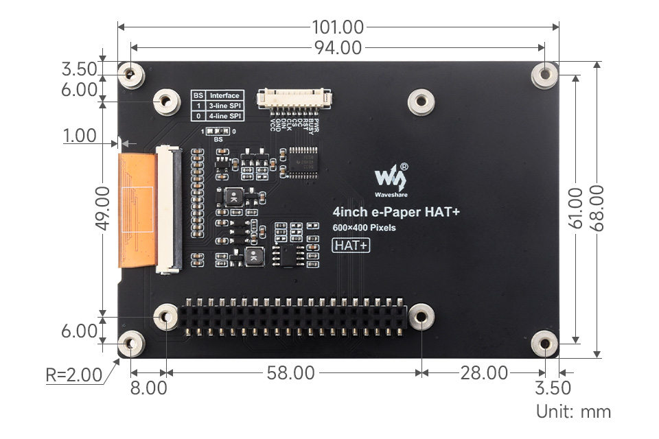 4inch e-Paper (E) and driver board, outline dimensions