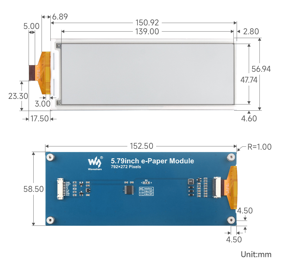 5.79inch e-Paper display (G) and driver board, outline dimensions