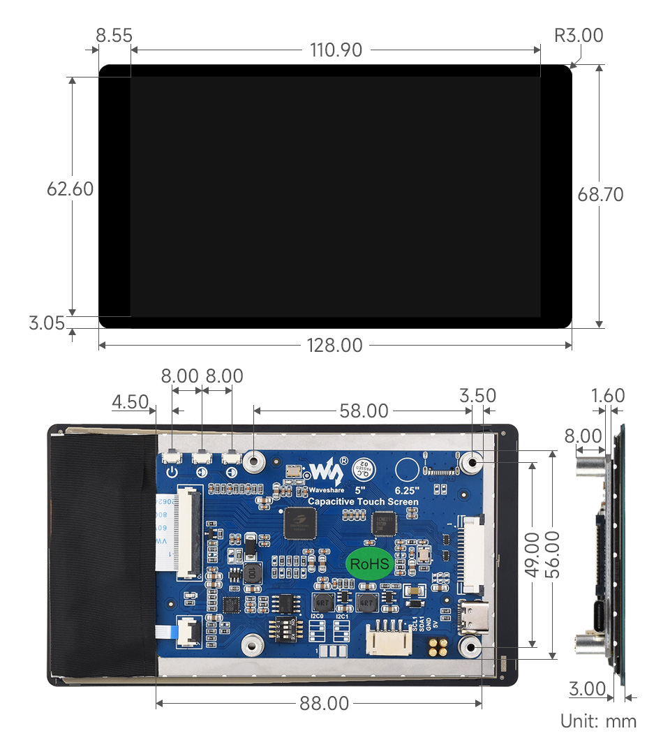 5inch DSI capacitive touch display, outline dimensions