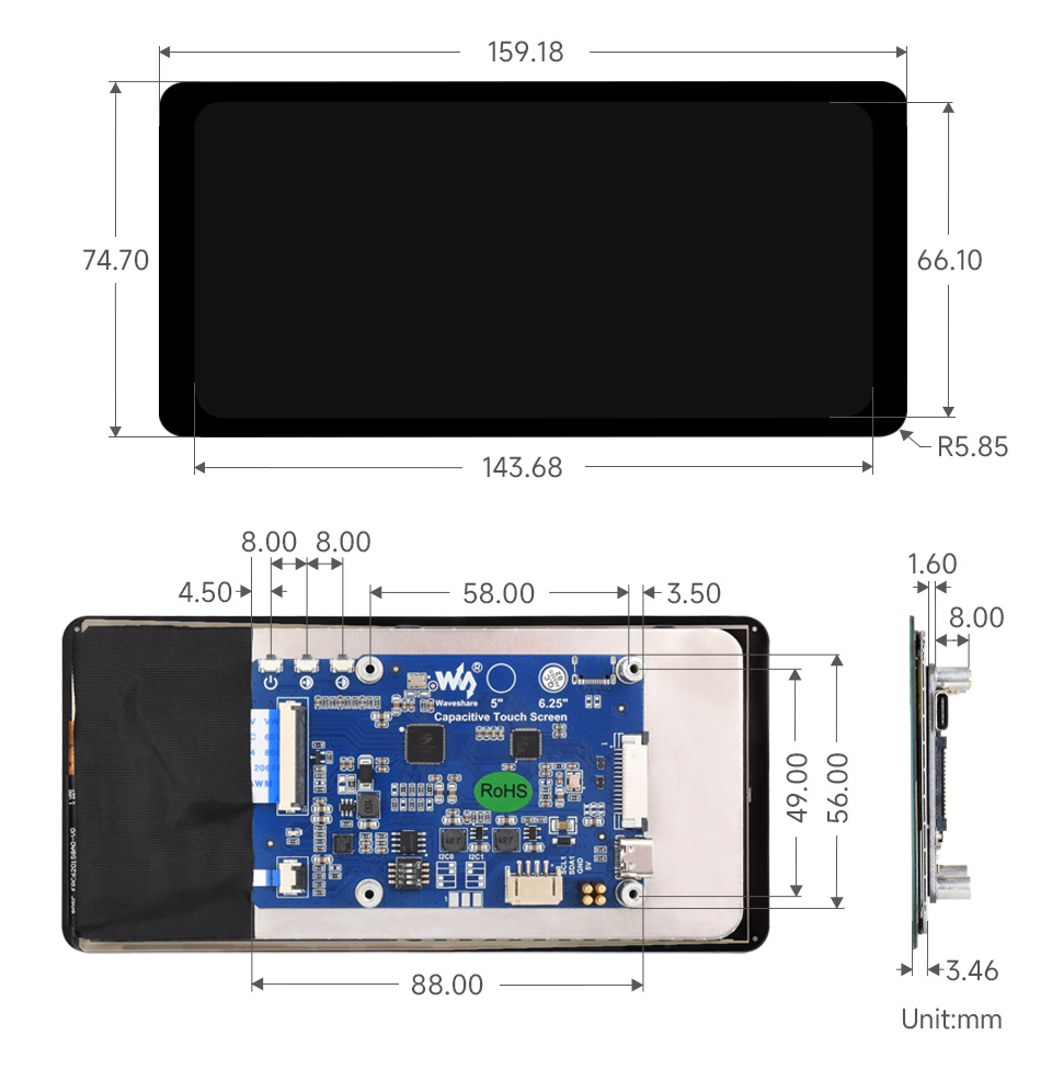 6.25inch DSI capacitive touch display, outline dimensions