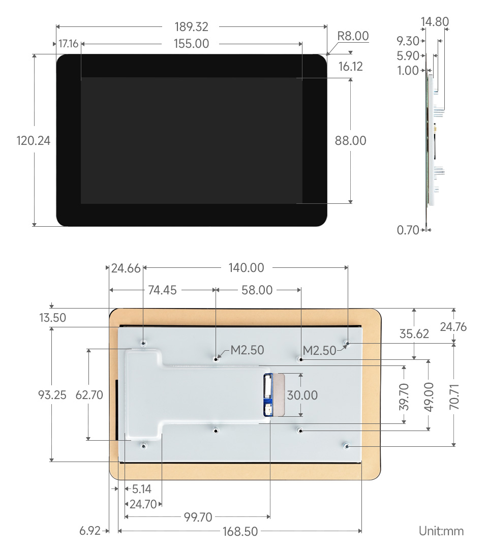 7inch DSI capacitive touch display, outline dimensions