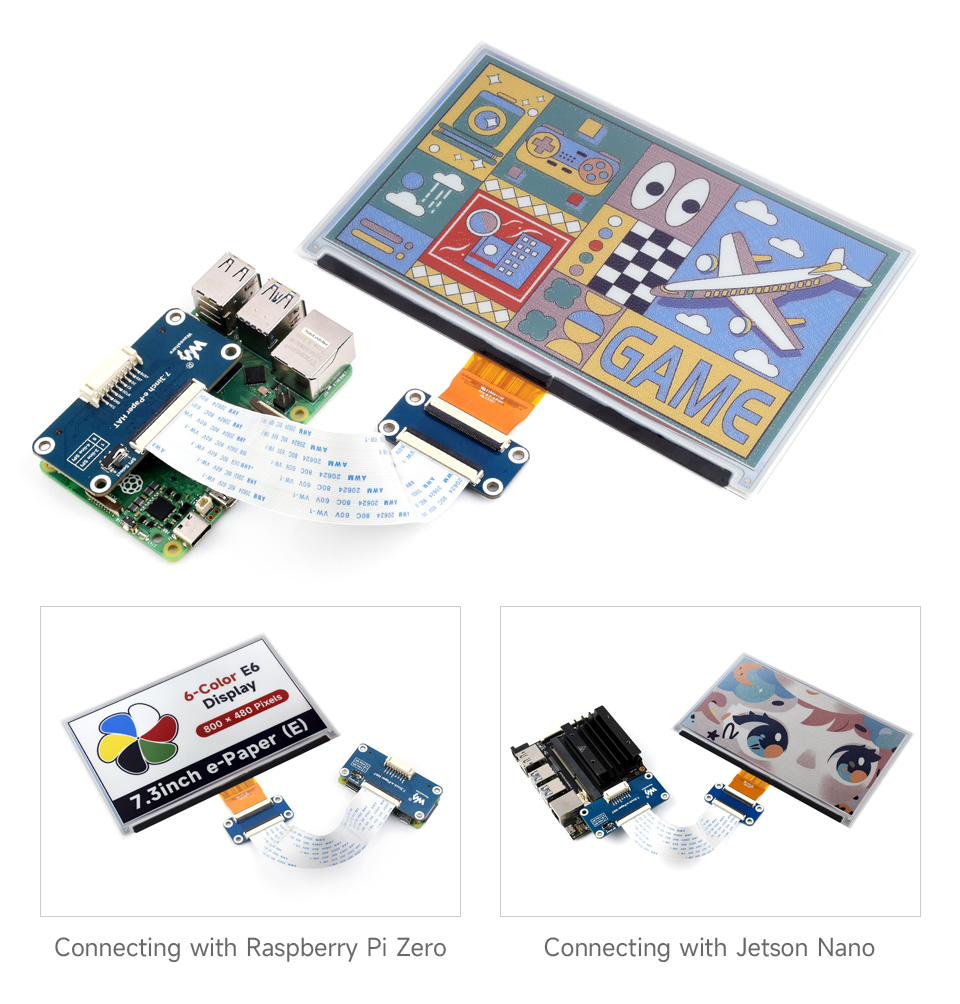 7.3inch 6-Color E-Paper Display Module, connecting with Raspberry Pi boards and Jetson Nano