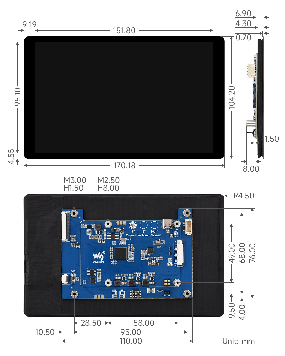 7inch DSI capacitive touch display, outline dimensions