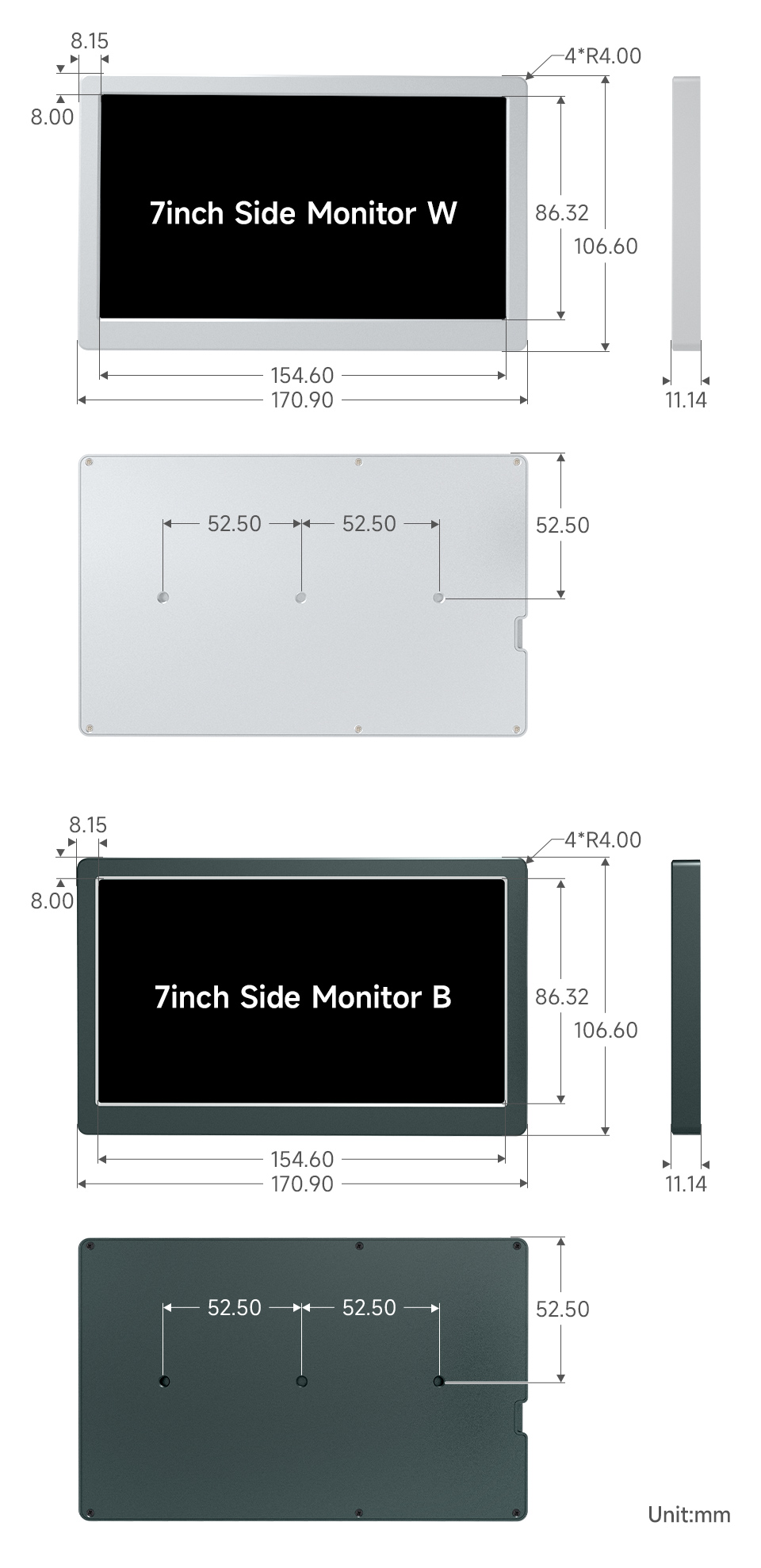 7inch IPS Side Monitor, dimensions