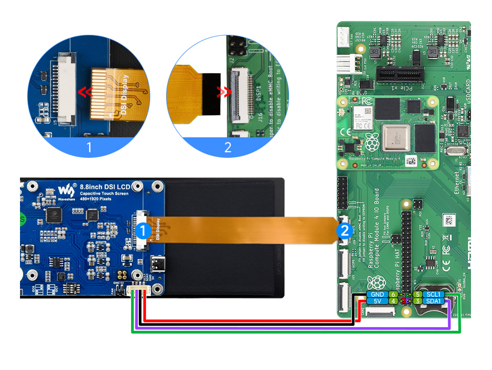 8.8inch DSI capacitive touch display, working with Compute Module 4 IO Board