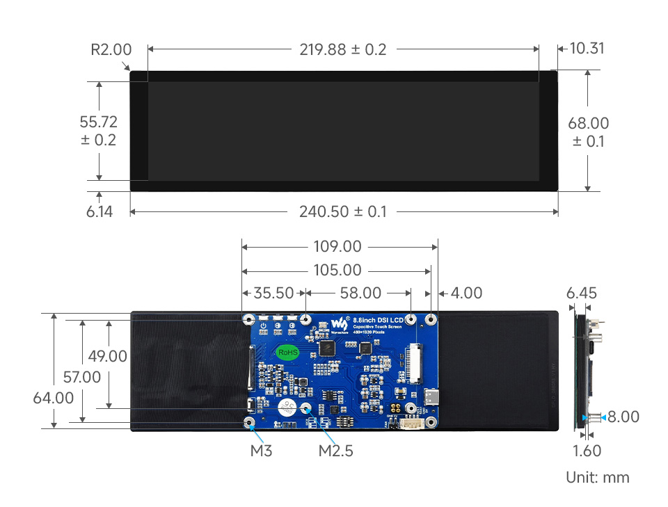 8.8inch DSI capacitive touch display, outline dimensions