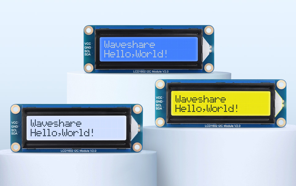 LCD1602 I2C Module, options for three colors, front view