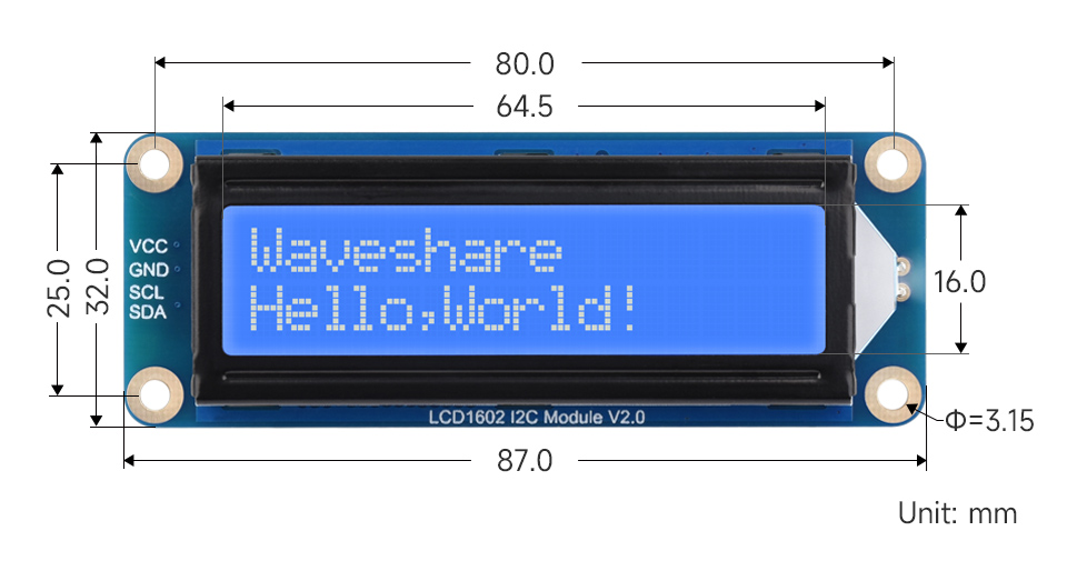 LCD1602 I2C Module, outline dimensions