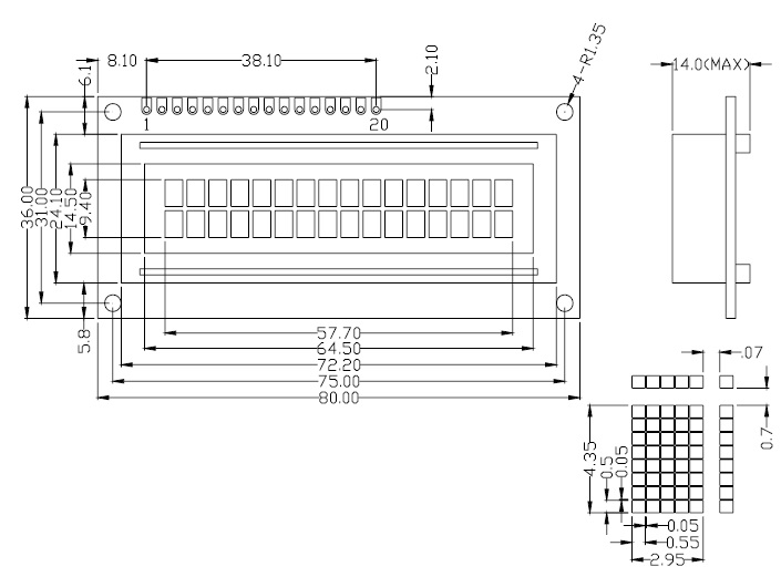 Dimensions extérieures du LCD1602