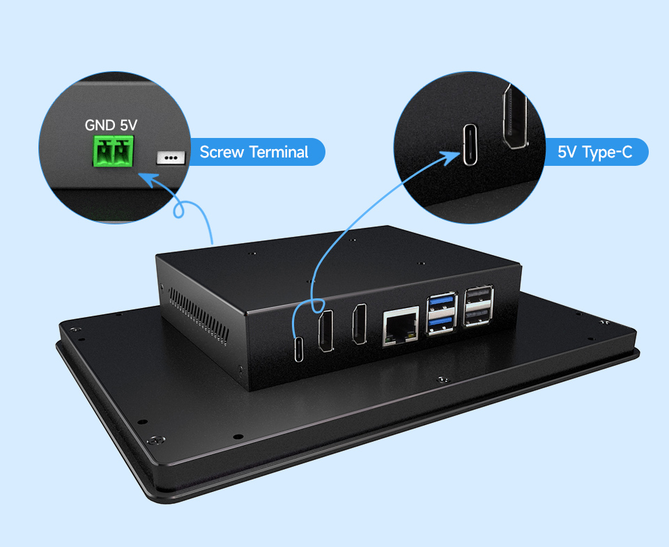 Industrial HMI all-in-one touch display for Raspberry Pi 5, supports power supply via screw terminal or USB Type-C