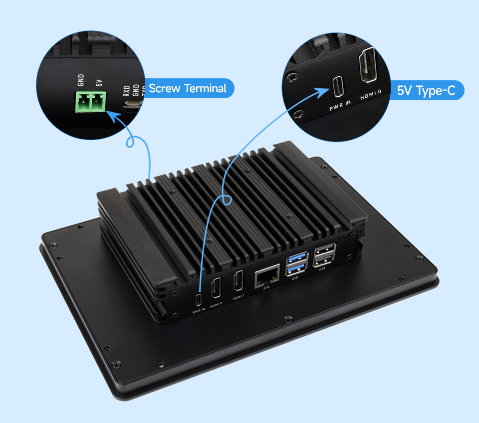 Industrial HMI all-in-one touch display for Raspberry Pi, supports power supply via screw terminal or USB Type-C