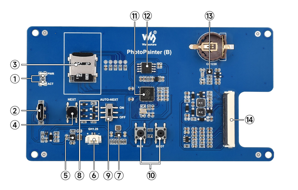 7.3inch E6 Full color E-Paper PhotoPainter (B), onboard components