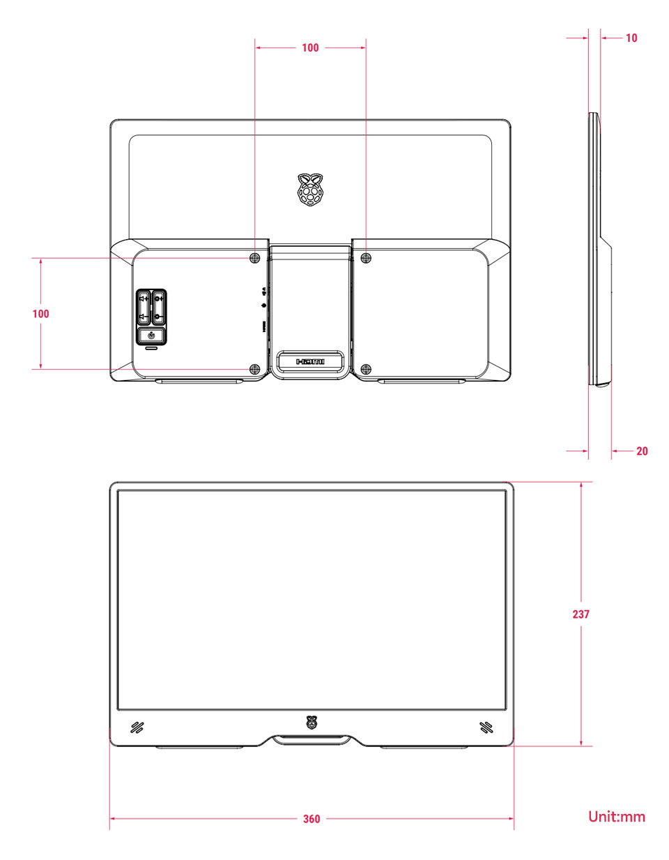 Official Raspberry Pi 15.6inch Monitor, outline dimensions