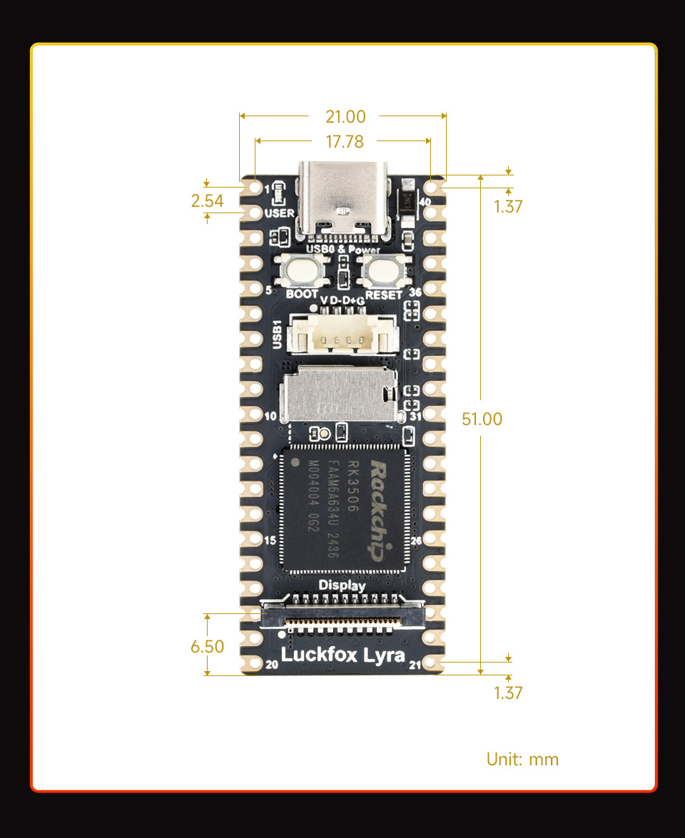 Luckfox Lyra RK3506G2 Linux Micro Development Board, outline dimensions