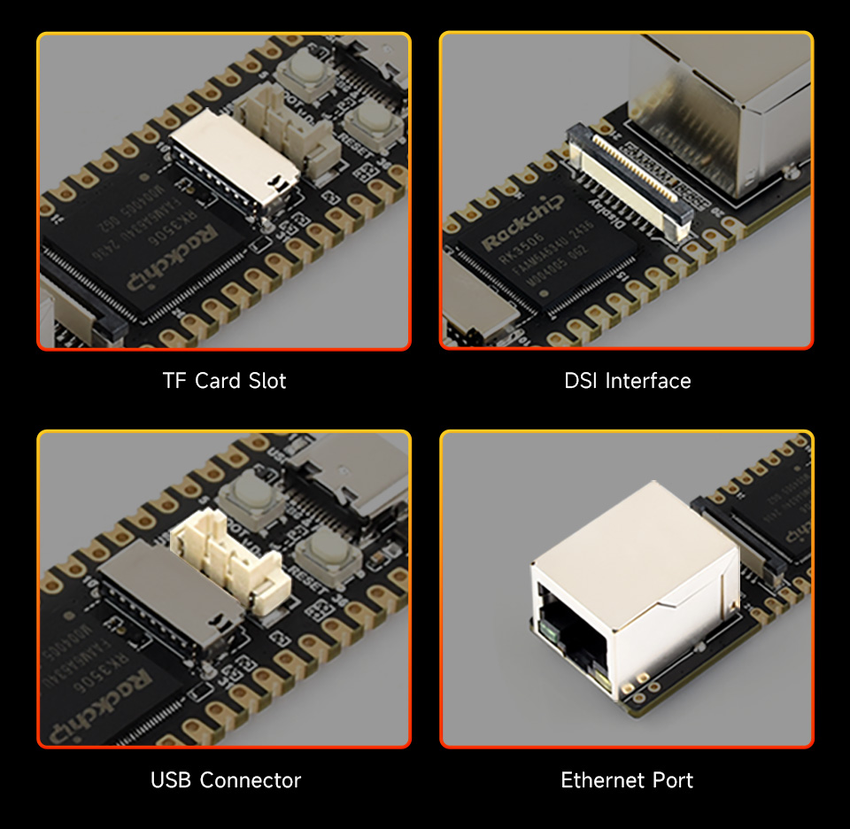 Luckfox Lyra Plus RK3506G2 Linux Micro Development Board, integrates TF card slot, DSI interface and USB connector and Ethernet port