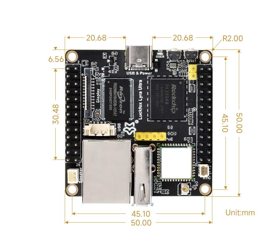 Luckfox Lyra Ultra RK3506B Linux Micro Development Board, outline dimensions