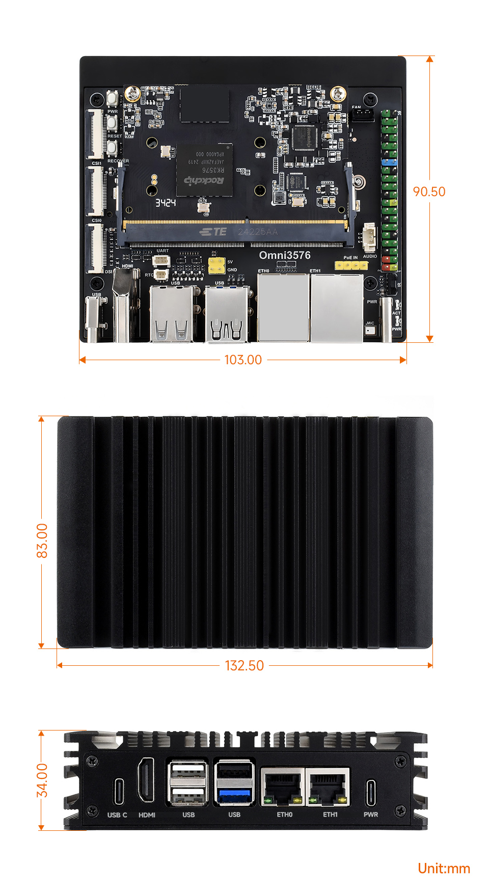 Luckfox Core3576 Edge Computing Development Board, outline dimensions