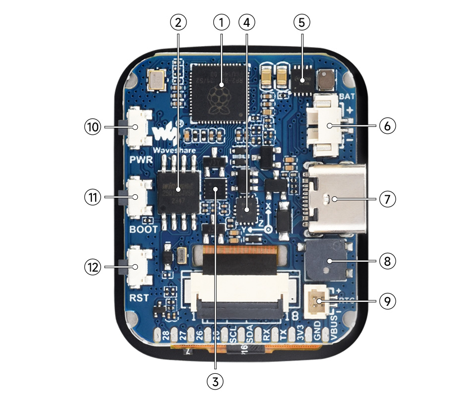 RP2040 1.69inch display development board, onboard components