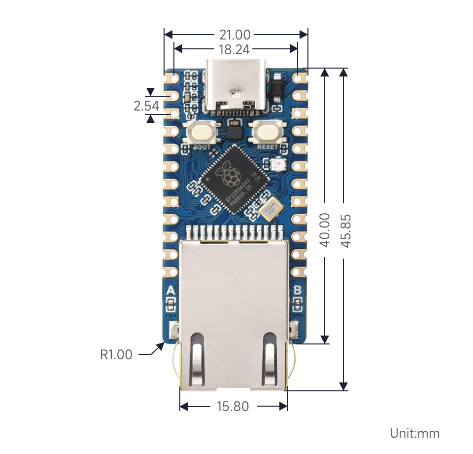 RP2350-ETH Mini Development Board, outline dimensions