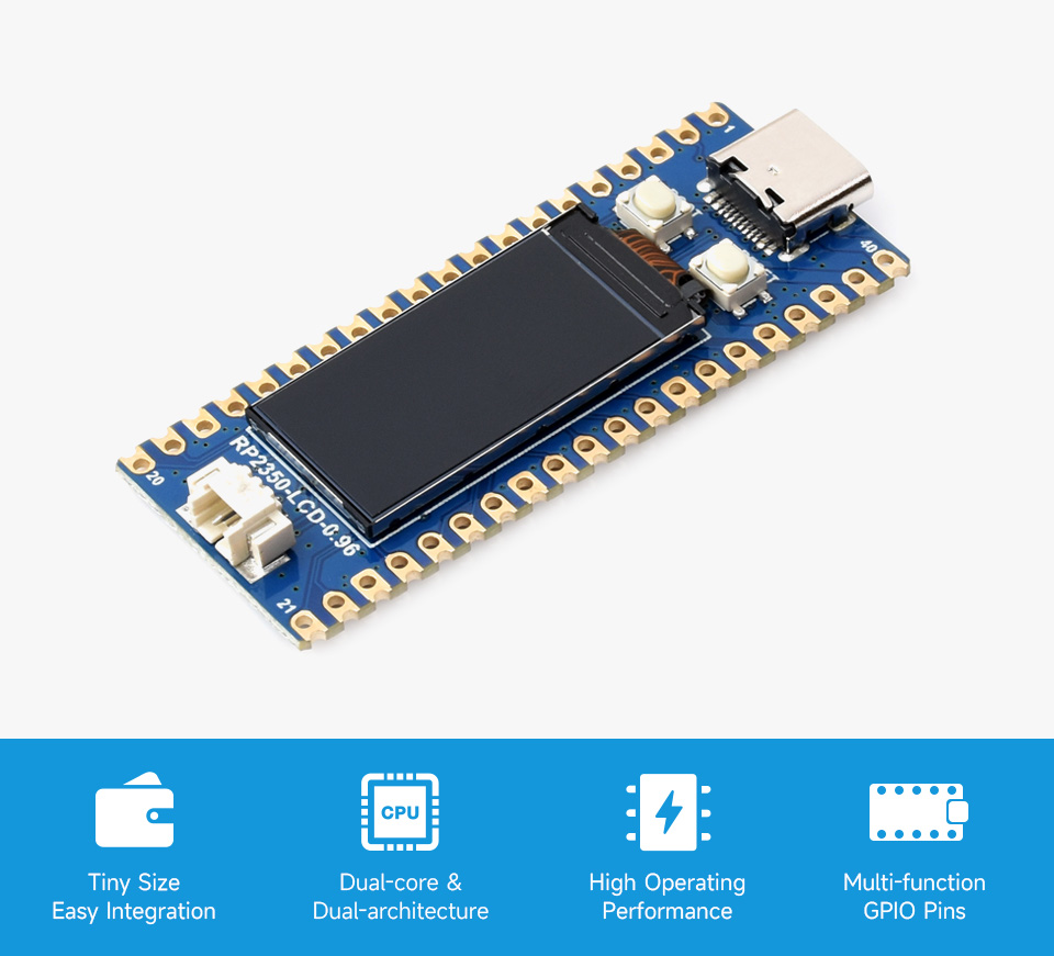 Waveshare RP2350-LCD-0.96 Development Board, front view and features