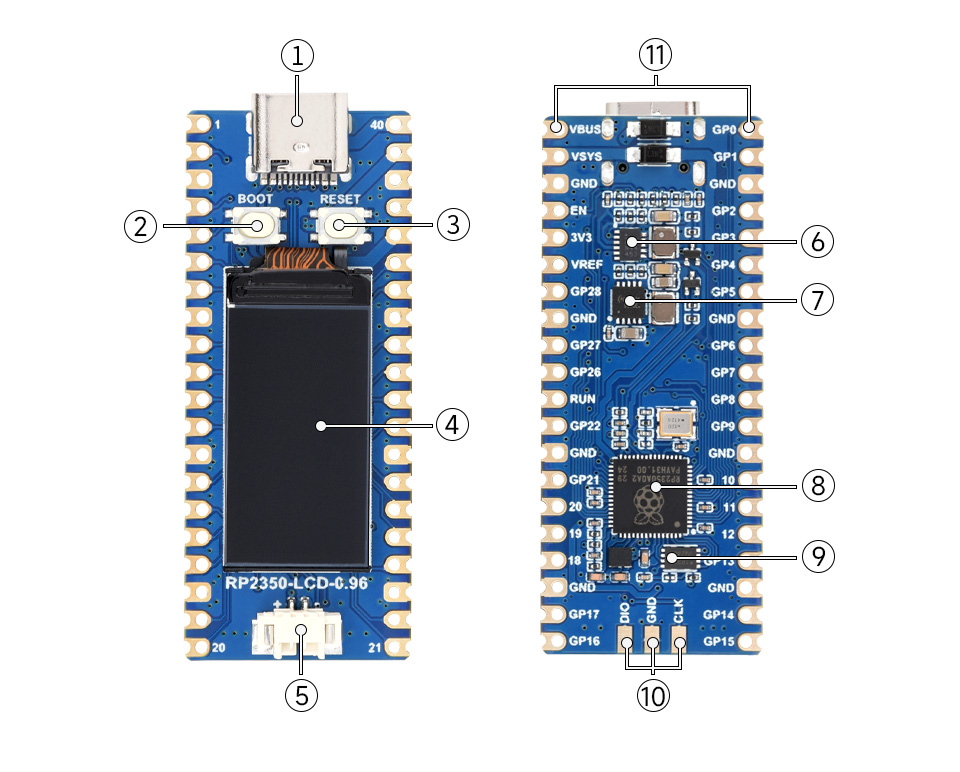 Waveshare RP2350-LCD-0.96 MCU Board, onboard components