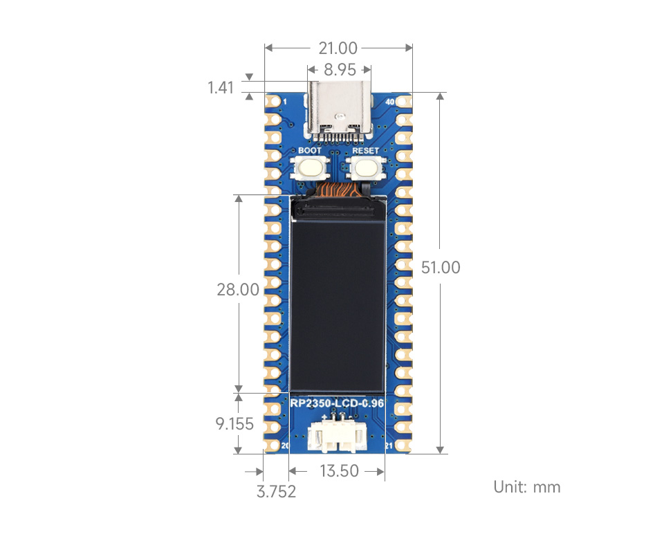 Waveshare RP2350-LCD-0.96 MCU Board, outline dimensions