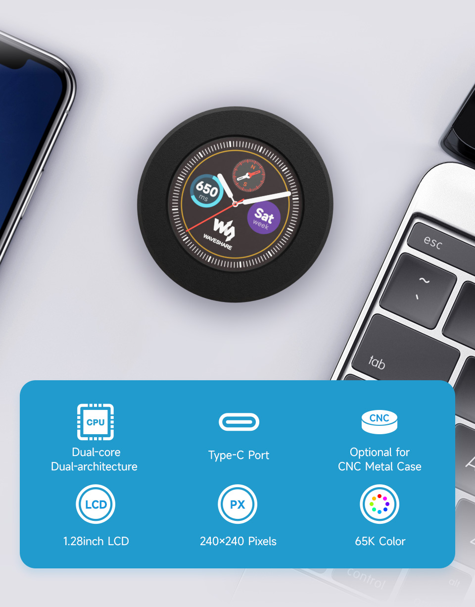 RP2350 MCU board with 1.28inch round LCD, front view and features