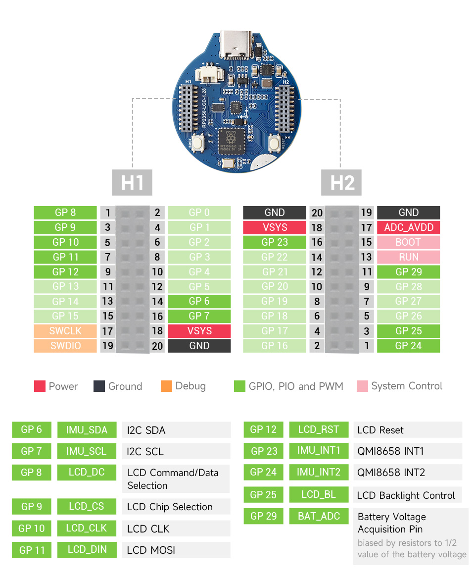 RP2350 MCU board with 1.28inch round LCD, with 30 × multi-function GPIO pins